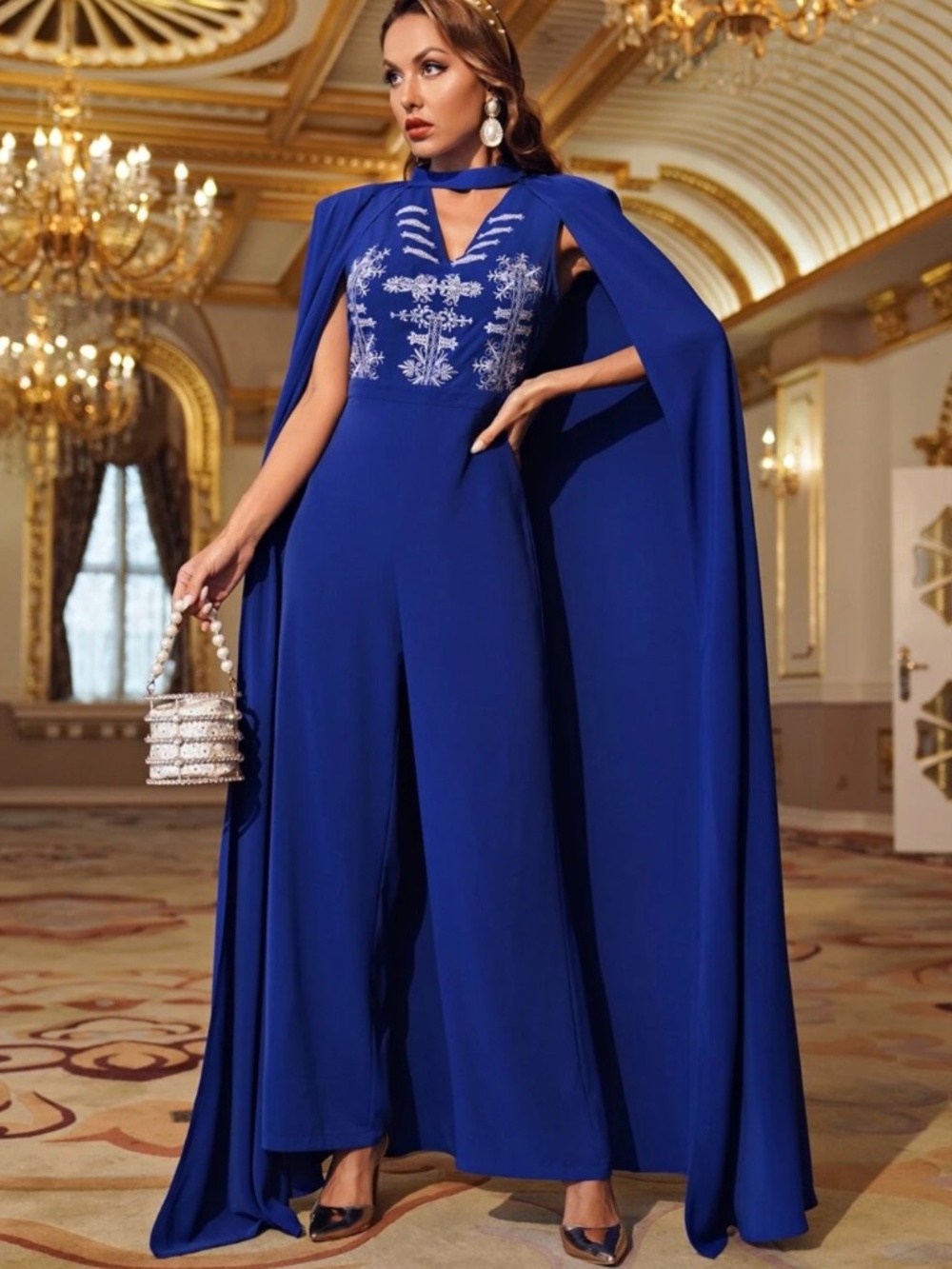Brand New XL Keyhole Neck Embroidered Cape Jumpsuit Royal Blue
